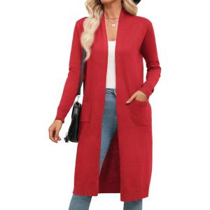 imageZeagoo Womens Long Cardigan Sweaters Lightweight Sweater Long Sleeve Open Front Casual Knit Duster Cardigans with PocketRed