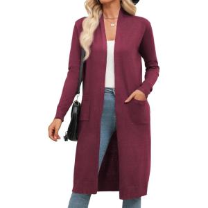 imageZeagoo Womens Long Cardigan Sweaters Lightweight Sweater Long Sleeve Open Front Casual Knit Duster Cardigans with PocketWine Red