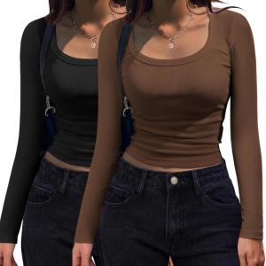 imageZeagoo Womens Long Sleeve Scoop Neck Shirts Casual Slim Fit Rib Knit Tops Summer Fall Basic Business Work TeeBrown and Black