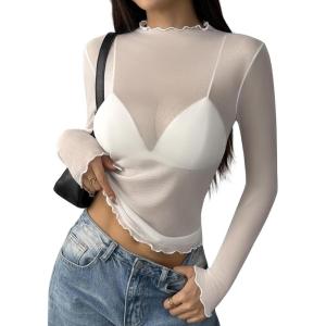 imageZeagoo Womens Mesh Long Sleeve Tops Mock Neck Going Out See Through Shirts Sexy Sheer Blouses Clubwear SXXLWhite