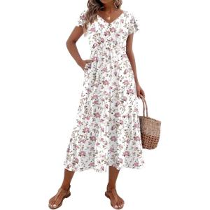 imageZeagoo Womens Summer Casual Dress Flutter Short Sleeve V Neck Button Down Tiered Flowy Long Dress with PocketsBf310