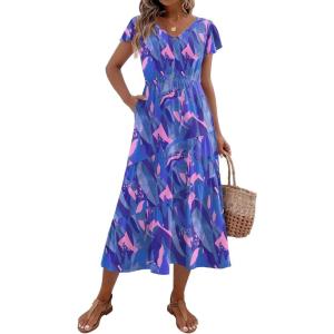 imageZeagoo Womens Summer Casual Dress Flutter Short Sleeve V Neck Button Down Tiered Flowy Long Dress with PocketsBlue Floral