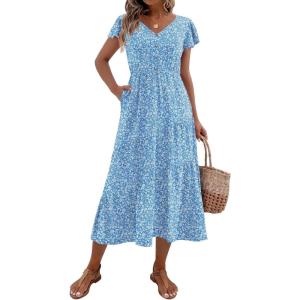 imageZeagoo Womens Summer Casual Dress Flutter Short Sleeve V Neck Button Down Tiered Flowy Long Dress with PocketsBlue White Floral