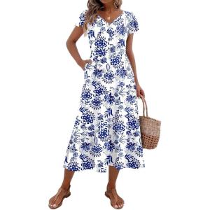 imageZeagoo Womens Summer Casual Dress Flutter Short Sleeve V Neck Button Down Tiered Flowy Long Dress with PocketsFloral4