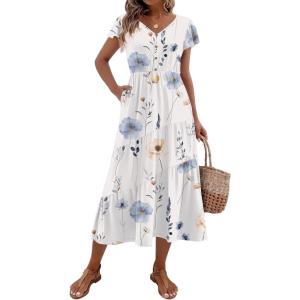 imageZeagoo Womens Summer Casual Dress Flutter Short Sleeve V Neck Button Down Tiered Flowy Long Dress with PocketsFloralbf112