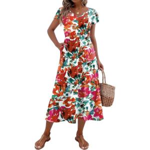 imageZeagoo Womens Summer Casual Dress Flutter Short Sleeve V Neck Button Down Tiered Flowy Long Dress with PocketsFloraldh14