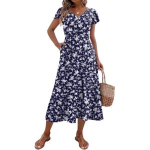 imageZeagoo Womens Summer Casual Dress Flutter Short Sleeve V Neck Button Down Tiered Flowy Long Dress with PocketsFloralxh445