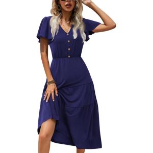 imageZeagoo Womens Summer Casual Dress Flutter Short Sleeve V Neck Button Down Tiered Flowy Long Dress with PocketsNavy Blue