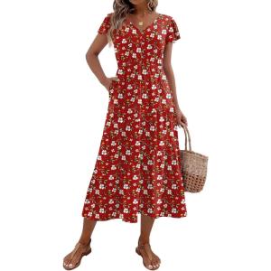 imageZeagoo Womens Summer Casual Dress Flutter Short Sleeve V Neck Button Down Tiered Flowy Long Dress with PocketsRed Floral