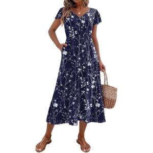 imageZeagoo Womens Summer Casual Dress Flutter Short Sleeve V Neck Button Down Tiered Flowy Long Dress with PocketsSf180