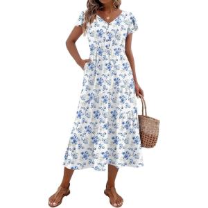 imageZeagoo Womens Summer Casual Dress Flutter Short Sleeve V Neck Button Down Tiered Flowy Long Dress with PocketsXh419