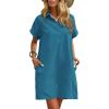 imageZeagoo Womens Cotton Shirt Dress Summer Casual Short Sleeve Button Down Beach Cover Up Shirts with PocketsBlue Green01
