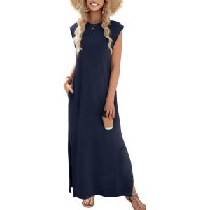 imageZeagoo Maxi Dresses for Women 2025 Summer Casual Sleeveless Floral Sundress Long Split Dresses with Pockets Beach VacationA03blue