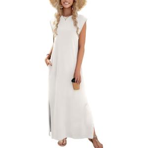imageZeagoo Maxi Dresses for Women 2025 Summer Casual Sleeveless Floral Sundress Long Split Dresses with Pockets Beach VacationWhite thin