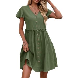 imageZeagoo Summer Dress with Flutter Sleeves  Cotton Linen Beach A Line Casual DressArmy Green