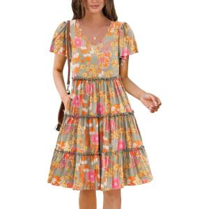 imageZeagoo Summer Tiered Mini Dress with Pockets Ruffle Sleeve VNeck Casual Dress A Line Boho Flowy Sundress 2025 VacationBf129