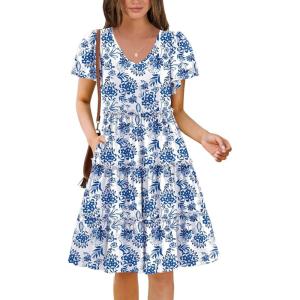 imageZeagoo Summer Tiered Mini Dress with Pockets Ruffle Sleeve VNeck Casual Dress A Line Boho Flowy Sundress 2025 VacationBf163