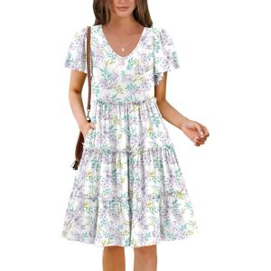 imageZeagoo Summer Tiered Mini Dress with Pockets Ruffle Sleeve VNeck Casual Dress A Line Boho Flowy Sundress 2025 VacationBf164