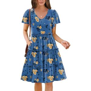 imageZeagoo Summer Tiered Mini Dress with Pockets Ruffle Sleeve VNeck Casual Dress A Line Boho Flowy Sundress 2025 VacationBf165