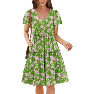 imageZeagoo Summer Tiered Mini Dress with Pockets Ruffle Sleeve VNeck Casual Dress A Line Boho Flowy Sundress 2025 VacationDh594
