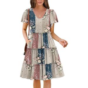imageZeagoo Summer Tiered Mini Dress with Pockets Ruffle Sleeve VNeck Casual Dress A Line Boho Flowy Sundress 2025 VacationMz775