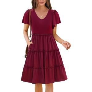 imageZeagoo Summer Tiered Mini Dress with Pockets Ruffle Sleeve VNeck Casual Dress A Line Boho Flowy Sundress 2025 VacationRed