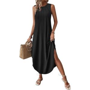imageZeagoo Women Floral Summer Casual Beach Printed Tank Dress with Pockets Pleated Front Long DressAblack