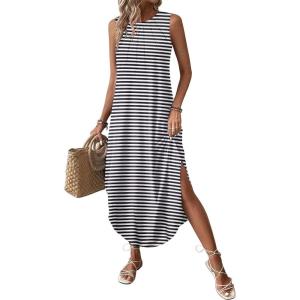 imageZeagoo Women Floral Summer Casual Beach Printed Tank Dress with Pockets Pleated Front Long DressBlack Striped