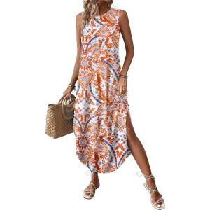 imageZeagoo Women Floral Summer Casual Beach Printed Tank Dress with Pockets Pleated Front Long DressBoho Print
