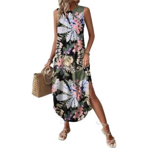 imageZeagoo Women Floral Summer Casual Beach Printed Tank Dress with Pockets Pleated Front Long DressFloral Leaf Black