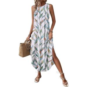 imageZeagoo Women Floral Summer Casual Beach Printed Tank Dress with Pockets Pleated Front Long DressLeaf Print White
