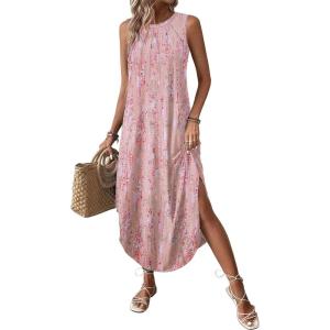 imageZeagoo Women Floral Summer Casual Beach Printed Tank Dress with Pockets Pleated Front Long DressLight Pink Print