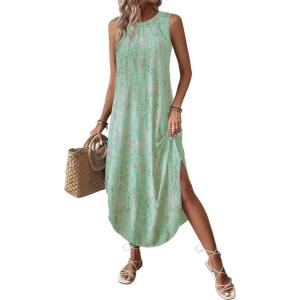 imageZeagoo Women Floral Summer Casual Beach Printed Tank Dress with Pockets Pleated Front Long DressMint Green Print
