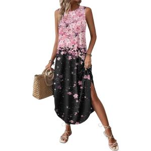 imageZeagoo Women Floral Summer Casual Beach Printed Tank Dress with Pockets Pleated Front Long DressPinkblack Print
