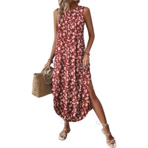 imageZeagoo Women Floral Summer Casual Beach Printed Tank Dress with Pockets Pleated Front Long DressRed Floral