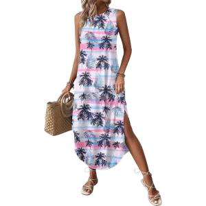 imageZeagoo Women Floral Summer Casual Beach Printed Tank Dress with Pockets Pleated Front Long DressTropical Tree