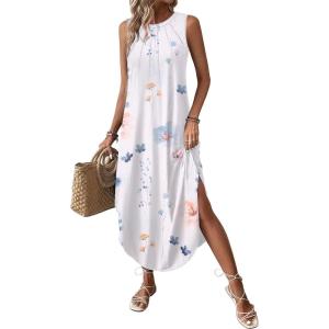 imageZeagoo Women Floral Summer Casual Beach Printed Tank Dress with Pockets Pleated Front Long DressWhite Floral