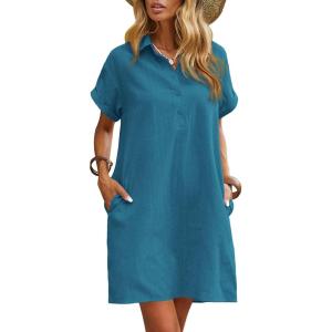 imageZeagoo Womens Cotton Shirt Dress Summer Casual Short Sleeve Button Down Beach Cover Up Shirts with PocketsBlue Green01