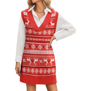 imageZeagoo Womens Oversized Fall Sweater Vest Dress Winter Casual V Neck Sleeveless Loose Knit Pullover Sweater 2025Christmas Red
