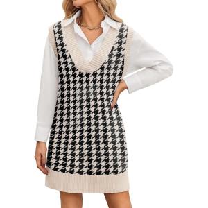 imageZeagoo Womens Oversized Fall Sweater Vest Dress Winter Casual V Neck Sleeveless Loose Knit Pullover Sweater 2025Houndstooth Plaid Black