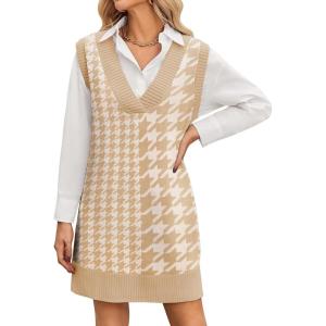 imageZeagoo Womens Oversized Fall Sweater Vest Dress Winter Casual V Neck Sleeveless Loose Knit Pullover Sweater 2025Houndstooth Plaid Khaki