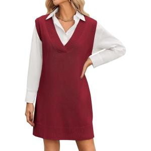 imageZeagoo Womens Oversized Fall Sweater Vest Dress Winter Casual V Neck Sleeveless Loose Knit Pullover Sweater 2025Wine Red