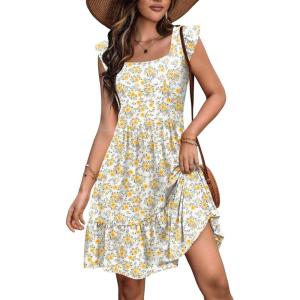 imageZeagoo Womens Summer Dress Casual Ruffle Tiered Floral Square Neck Sundresses Beach Boho Mini Aline Dress 2025 with PocketsYellow Floral