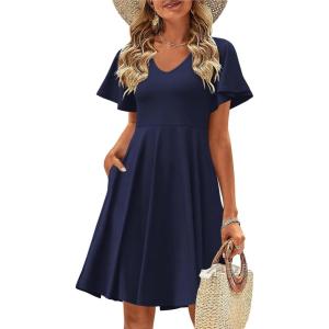 imageZeagoo Womens Summer Dress Casual Swing Floral Ruffle Short Sleeve Sundresses Beach Mini Aline Shift Dress 2025 with PocketsNavy