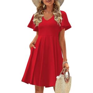 imageZeagoo Womens Summer Dress Casual Swing Floral Ruffle Short Sleeve Sundresses Beach Mini Aline Shift Dress 2025 with PocketsRed