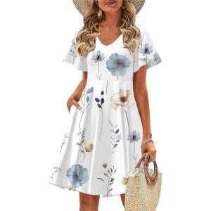 imageZeagoo Womens Summer Dress Casual Swing Floral Ruffle Short Sleeve Sundresses Beach Mini Aline Shift Dress 2025 with PocketsWhite