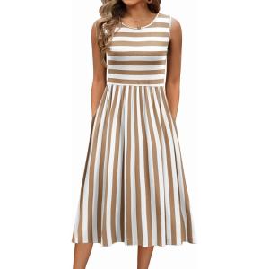 imageZeagoo Womens Summer Tank Midi Dress with Pockets Floral Sleeveless ALine Casual Loose TShirt Dresses Beach Sundress 2025Apricot White Stripe