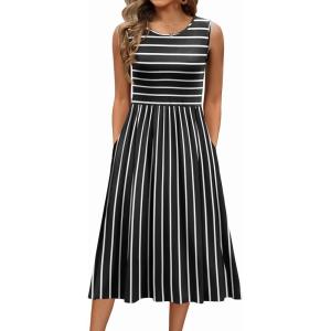 imageZeagoo Womens Summer Tank Midi Dress with Pockets Floral Sleeveless ALine Casual Loose TShirt Dresses Beach Sundress 2025Blackwhite Stripe
