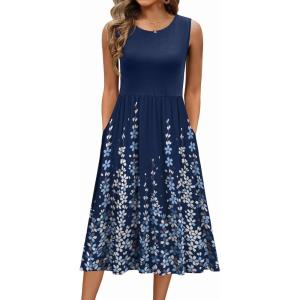 imageZeagoo Womens Summer Tank Midi Dress with Pockets Floral Sleeveless ALine Casual Loose TShirt Dresses Beach Sundress 2025Navy Blue Floral