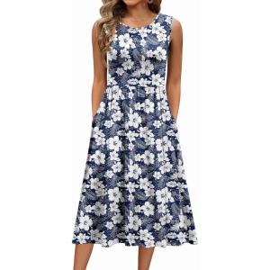 imageZeagoo Womens Summer Tank Midi Dress with Pockets Floral Sleeveless ALine Casual Loose TShirt Dresses Beach Sundress 2025Navy White Floral